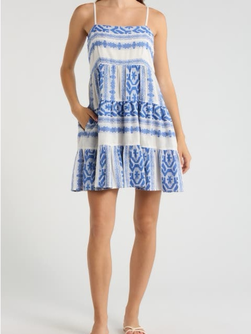 Elan Tiered Cotton Patterned Spaghetti-Strap Sundress - White & Blue Size L $94